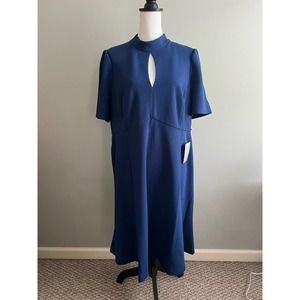 London Times Blue Fit Flare Dress Peek a Boo Neck Sz 16W NEW